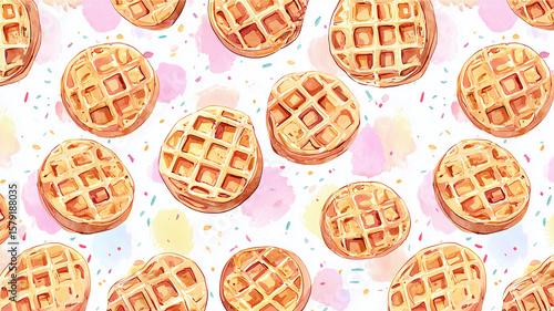 Delightful waffle pattern in watercolor style with colorful sprinkles