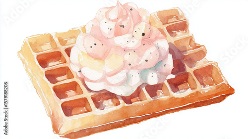 Delicious watercolor waffle topped with fluffy whipped cream and pastel colors