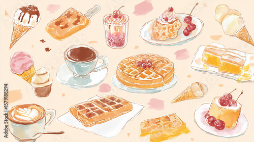 Delightful watercolor illustrations of desserts, including waffles and ice cream