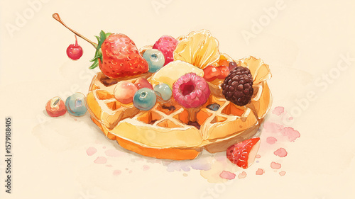 Delicious watercolor waffle topped with fresh fruits and cream