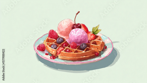 Delicious waffle topped with ice cream and fresh berries, sweet treat!