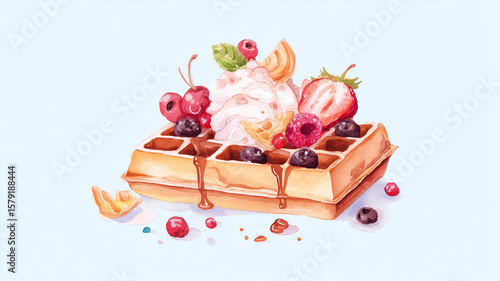 Delicious waffle topped with ice cream and fresh fruits, creating whimsical treat
