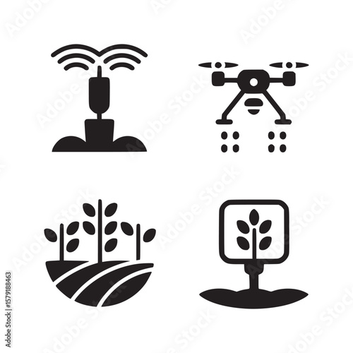 A collection of four agriculture related icons featuring irrigation, drone, crops and monitoring