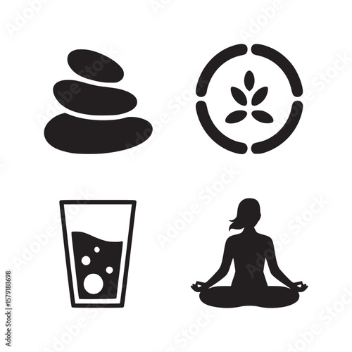 A black and white vector illustration of spa elements including stones, cucumber, water and yoga pose