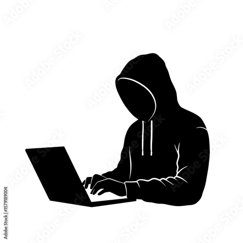 Cyber Sentinel: A stealthy silhouette of a hooded figure, hunched over a laptop, embodies the silent vigilance of digital security, representing the watchful protector of the digital realm.