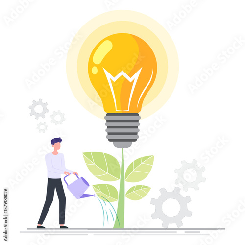 Business growth through innovative ideas. A man waters a plant transforming into a glowing lightbulb representing nurturing concepts for success, growth and innovation.