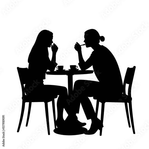 Silhouettes of two people dining and enjoying conversation at table  