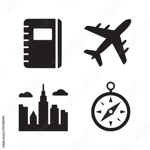 A collection of travel icons featuring a notebook, airplane, city skyline, and compass in black silhouette
