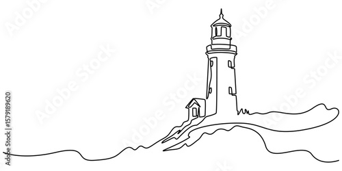 lighthouse continuous one line drawing, Continuous line drawing of lighthouse tower. one line drawing of beach lighthouse. beach traffic marker lighthouse .single line vector illustration Help concept