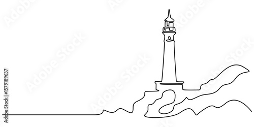 lighthouse continuous one line drawing, Continuous line drawing of lighthouse tower. one line drawing of beach lighthouse. beach traffic marker lighthouse .single line vector illustration Help concept