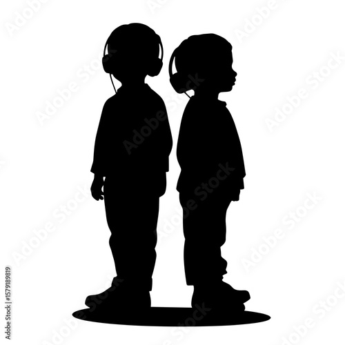Two children wearing headphones in silhouette side by side  