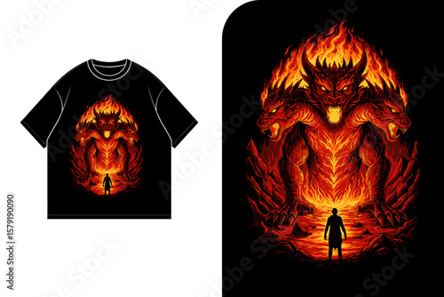 Fiery three-headed demon confronts lone figure on a t-shirt design.