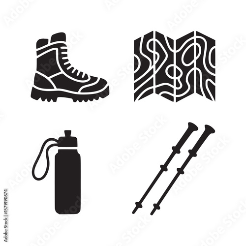 A black and white image showing a boot map water bottle and hiking poles for outdoor adventures
