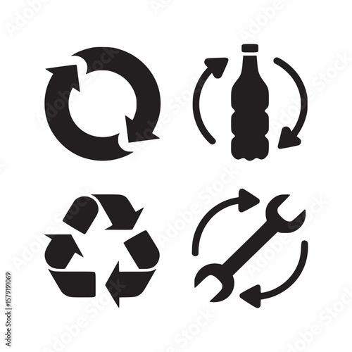 A set of four recycling related icons including arrows bottle wrench and recycle symbol in black color