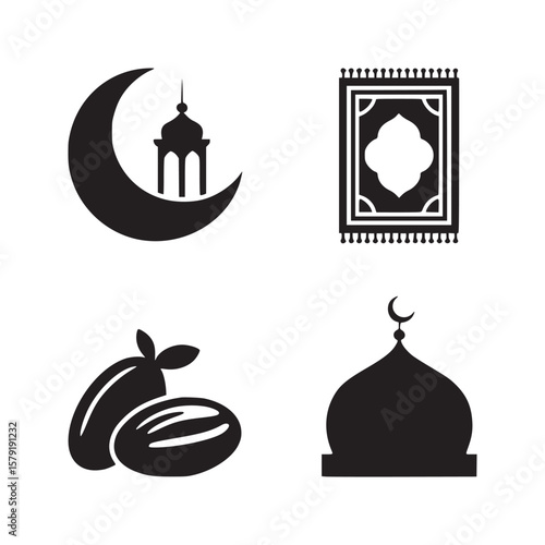 A collection of islamic symbols including a crescent moon, dates, a prayer rug and a mosque dome design