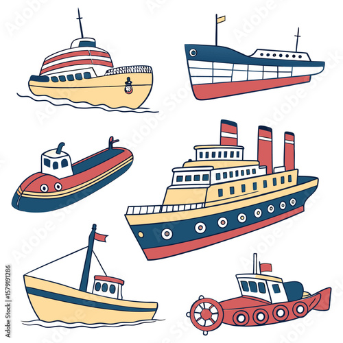 Collection various ships isolated on white background in a flat style. Water transport illustrations for design.