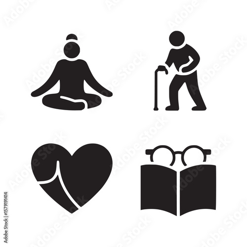Black icons depicting meditation, elderly person with cane, heart, and book with glasses on top
