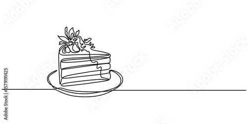 Continuous one line drawing of slice cake. One line drawing illustration of cake, Cheese cake with strawberry and cherries in single line draw illustration, on white background,  Party food, birthday.