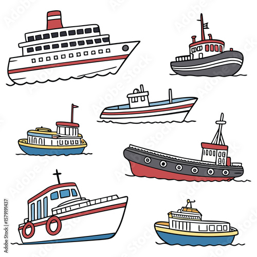 Collection various ships isolated on white background in a flat style. Water transport illustrations for design.