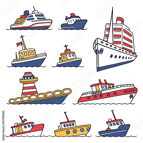 Collection various ships isolated on white background in a flat style. Water transport illustrations for design.
