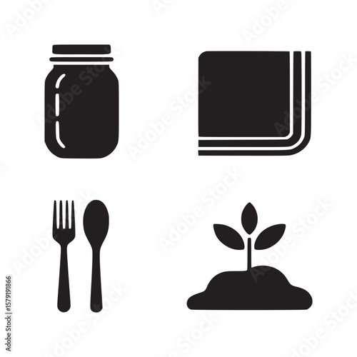 Illustration of a mason jar napkin fork spoon and small plant on a white background in black silhouette