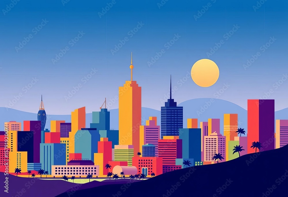 Obraz premium Abstract geometric cityscape, simple shapes, modern Memphis style vector illustration, city, modern art