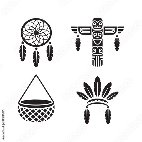 Four native american symbols including a dreamcatcher, totem pole, basket, and headdress icon set