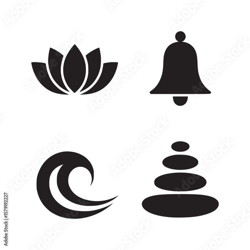 Four black and white icons representing a lotus flower bell wave and stacked stones on white background