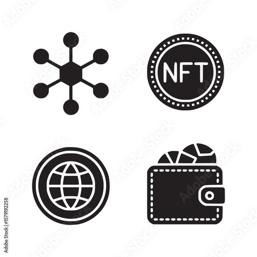 A set of four black and white icons representing network nft globe and wallet with coins inside it