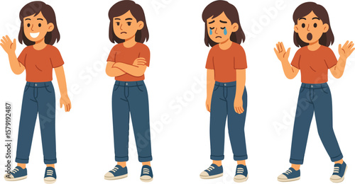 Young Girl Character with Different Emotions – Vector Illustration