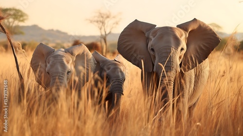 A creative scene of a small herd of elephants partially obscured by tall dry grass, warm golden-hour light illuminating the tips of the grass and elephant skin textures.