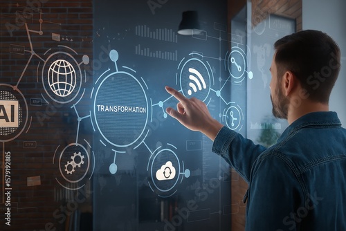 Man interacting with futuristic digital interface, visualizing transformation through AI, cloud, connectivity and global network with brick wall background and denim jacket style.