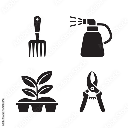 A collection of gardening tools including a fork a sprayer plants and pruning shears in black