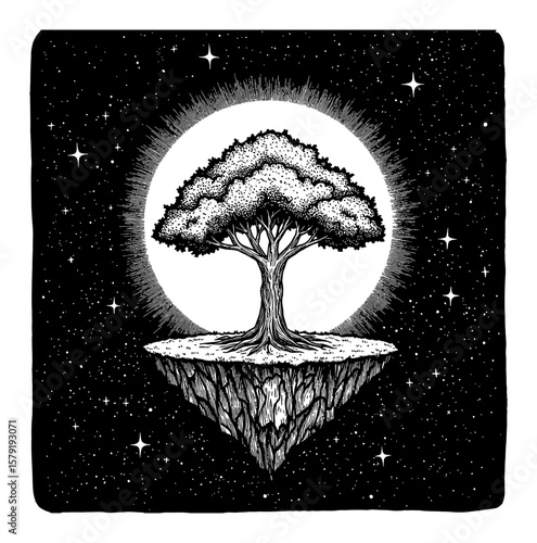 Mystical Floating Glowing Tree on Island with Cosmic Sky Background Black and White Outline Line Art Drawing