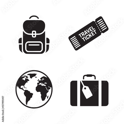 A collection of travel icons featuring a backpack ticket globe and suitcase in black and white style
