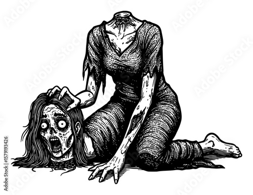 Scary Disfigured Headless Zombie Woman Searching for Her Head on Floor Black and White Outline Line Art Drawing