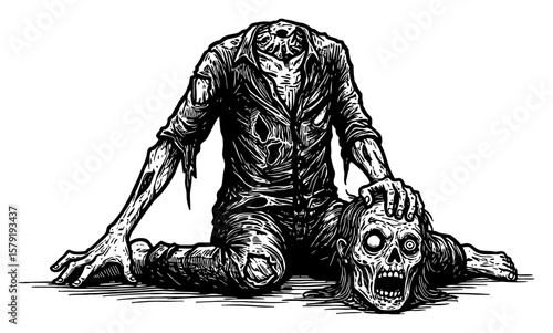 Scary Disfigured Headless Zombie Trying to Find His Head on Floor Black and White Outline Line Art Drawing