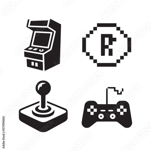A collection of four black and white gaming icons including an arcade game and two controllers