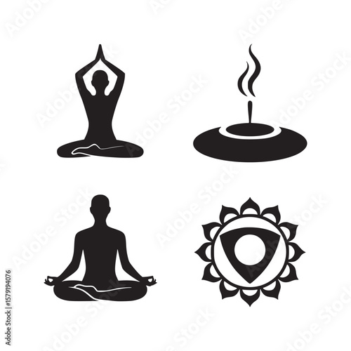 Four illustrations featuring yoga poses candle and chakra symbol in black and white style art