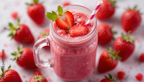 Wallpaper Mural Homemade Strawberry Smoothie with Fresh Berries. A vibrant pink strawberry smoothie in a mason jar topped with fresh strawberry halves and mint leaves, with scattered whole strawberries around. Torontodigital.ca