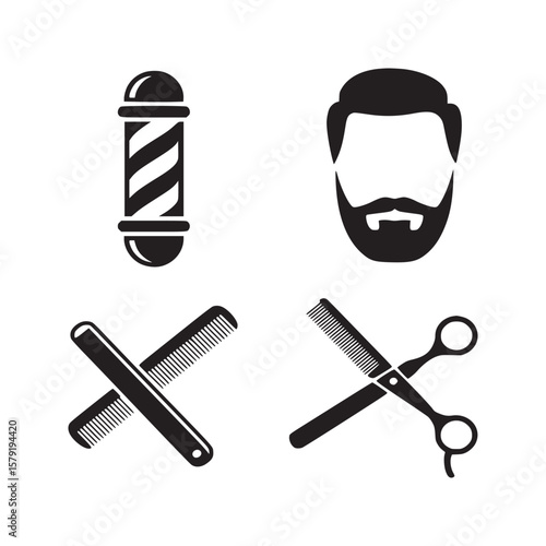 A collection of barber shop elements including a pole, beard, combs, and scissors in black and white