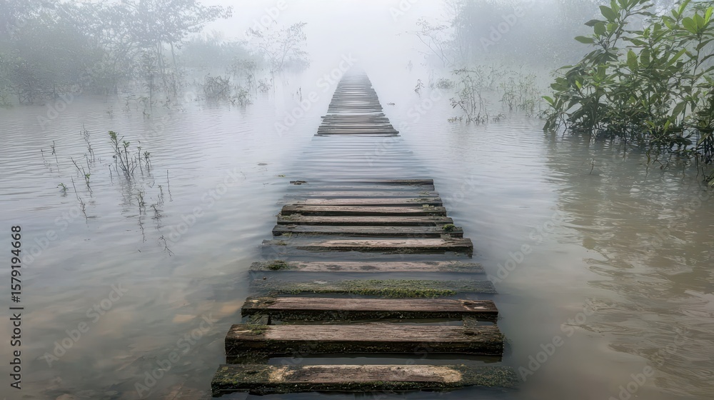 Fototapeta premium Tranquil Pathway in Misty Landscape Over Calm Water Surface