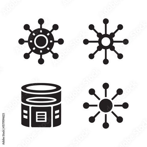 Illustration of four distinct black and white icons including a database and network icons