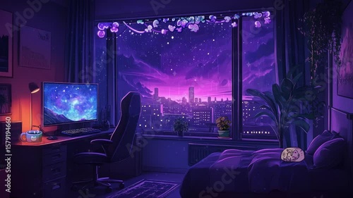 Seamless animated background ideal for use in video production, presentations, websites, and motion graphics. Loopable, stream twitch decor, Cozy lofi Gamer Room, rain, stream overlay