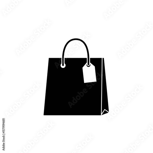 The Minimalist Retail Icon: A sleek, flat-design illustration of a black shopping bag with a blank price tag, symbolizing the essence of retail, purchase, and commerce.