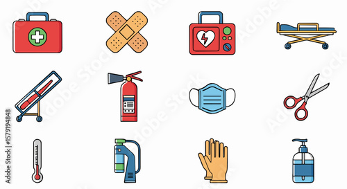 A collection of colorful icons depicting essential first aid, medical, and safety equipment.