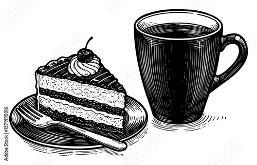 Delicious Coffee Mug Beside Cake Slice with Cherry and Fork Black and White Outline Line Art Drawing