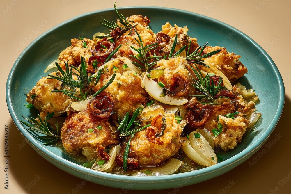 Fenek moqli, fried rabbit pieces in blue bowl. Golden-brown rabbit topped with herbs. Concept of warm, inviting dish highlighting fenek moqli and fried rabbit pieces. Fenek moqli, fried rabbit pieces in blue bowl. Golden-brown rabbit topped with herbs. Concept of warm, inviting dish highlighting fenek moqli and fried rabbit pieces.