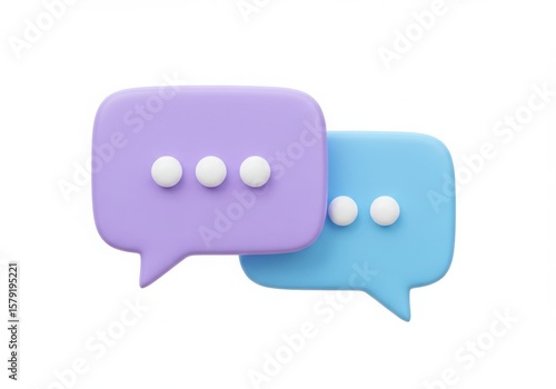 Two 3d speech bubbles one purple and one blue communicating isolated on white background