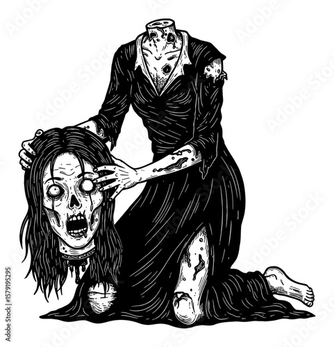 Scary Disfigured Headless Zombie Woman Kneeling and Holding Her Severed Head Black and White Outline Line Art Drawing